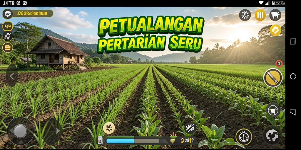 Screenshot gameplay JKT8 menampilkan suasana pertanian yang indah dan interaksi antar pemain.