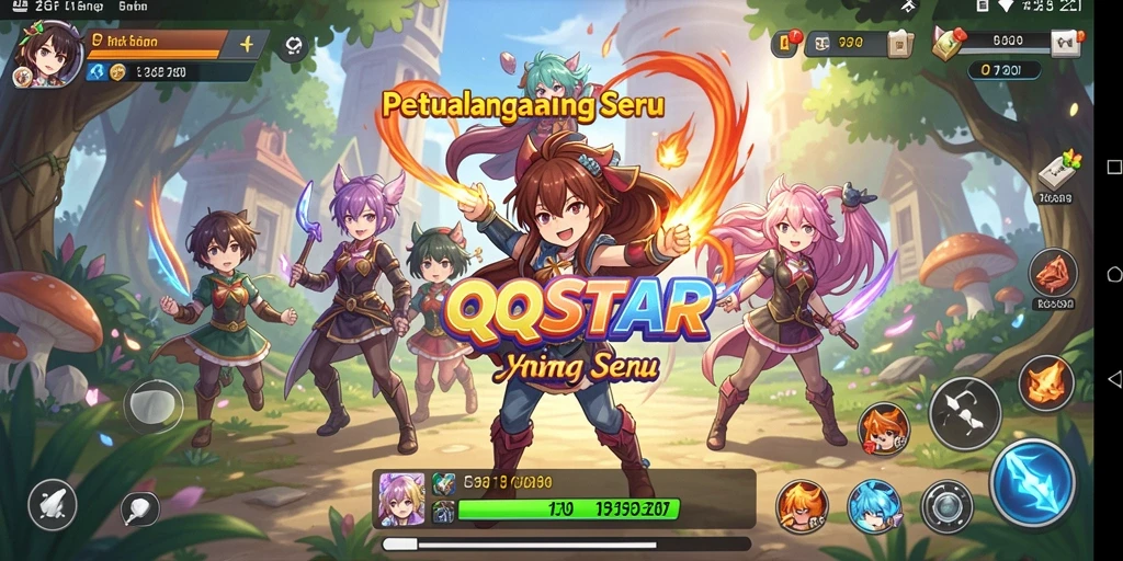 Tampilan gameplay QQSTAR dengan karakter Anime yang beraksi.