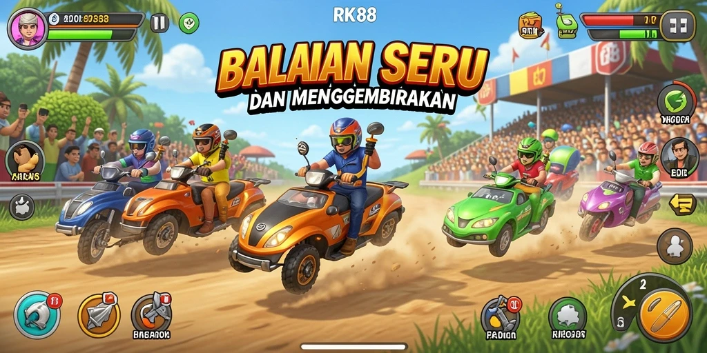 Tampilan gameplay RK88 yang mendebarkan saat balapan di lintasan.