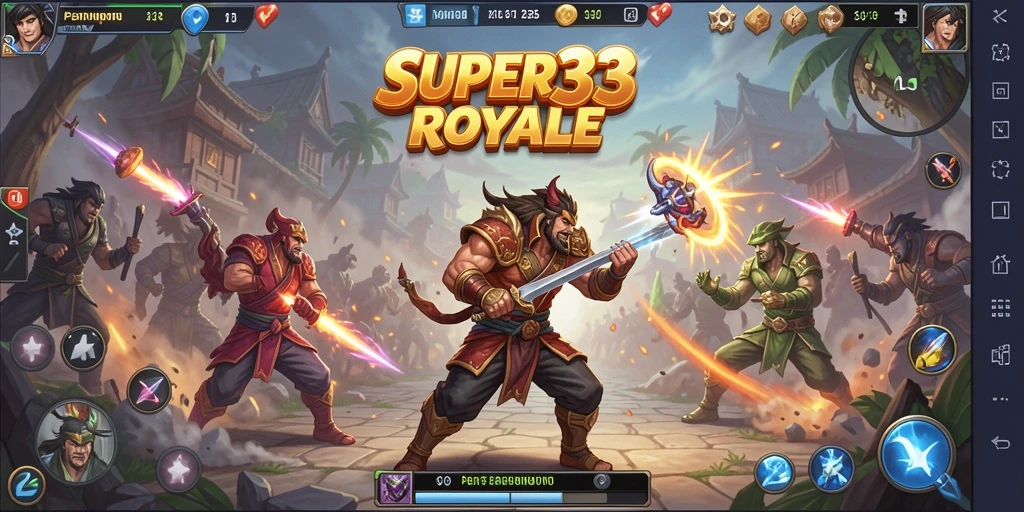 Screenshot gameplay SUPER33 yang intens dalam pertempuran Battle Royale.