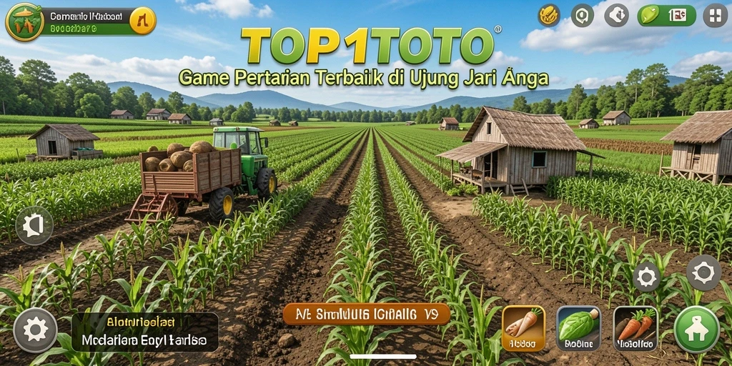 Tangkapan layar utama menunjukkan pemain mengelola ladang dengan tanaman subur.